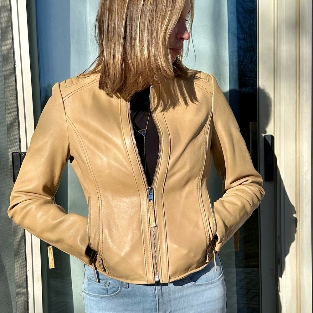 Michael Kors 100% leather tan motorcycle jacket, M